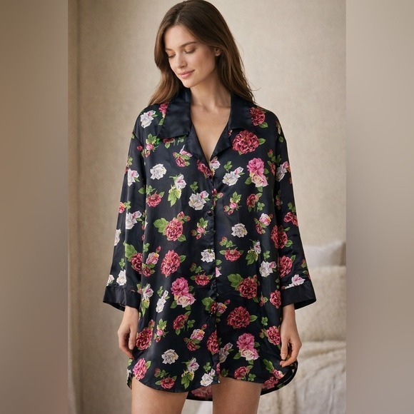 Vtg Victoria's Secret Gold Label Floral Nightshirt Nightgown Lingerie S Black